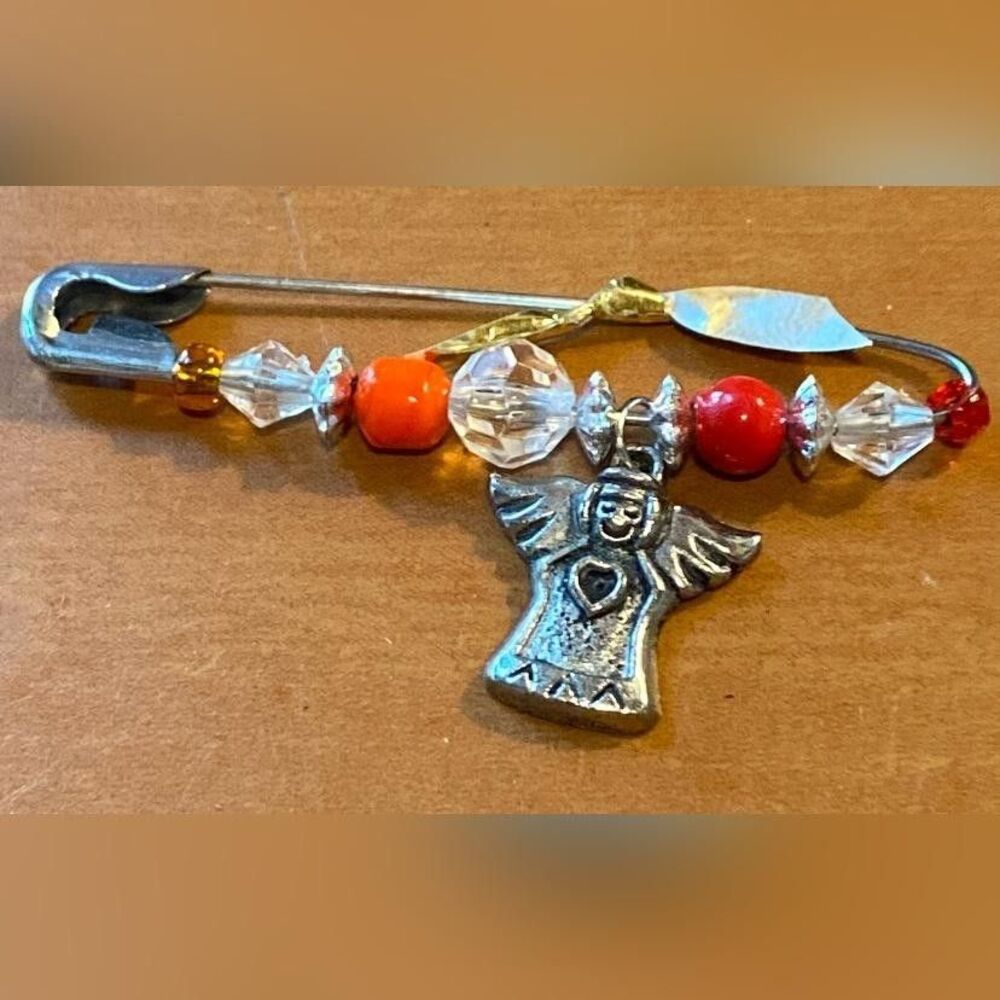 Silver Tone Angel Safety Pin Brooch Multicolor Beaded Charm Women Jewelry 2”